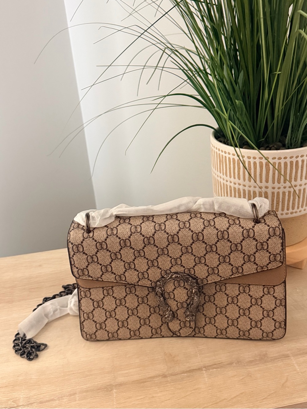 Beige Monogram Shoulder Bag with Chain Strap